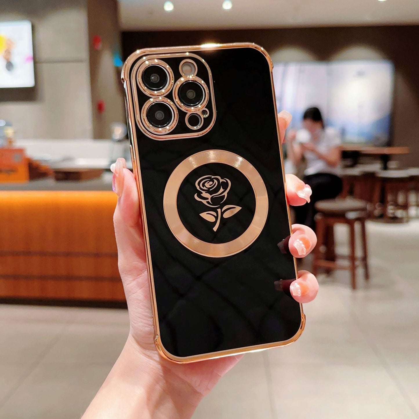 Chrome plating Electroplated Rose Flower Magnetic Case for iPhone Compatible with MagSafe Wireless Charging iPhone Case