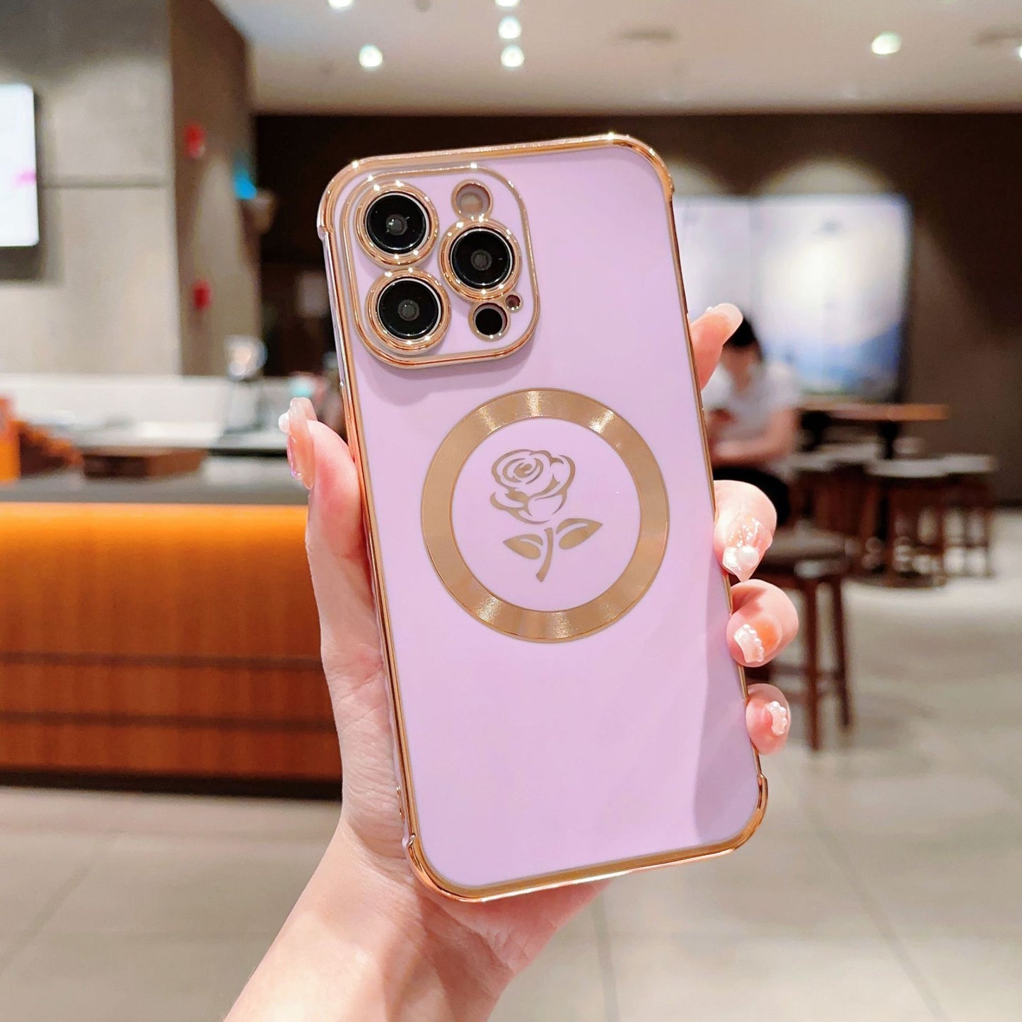 Chrome plating Electroplated Rose Flower Magnetic Case for iPhone Compatible with MagSafe Wireless Charging iPhone Case