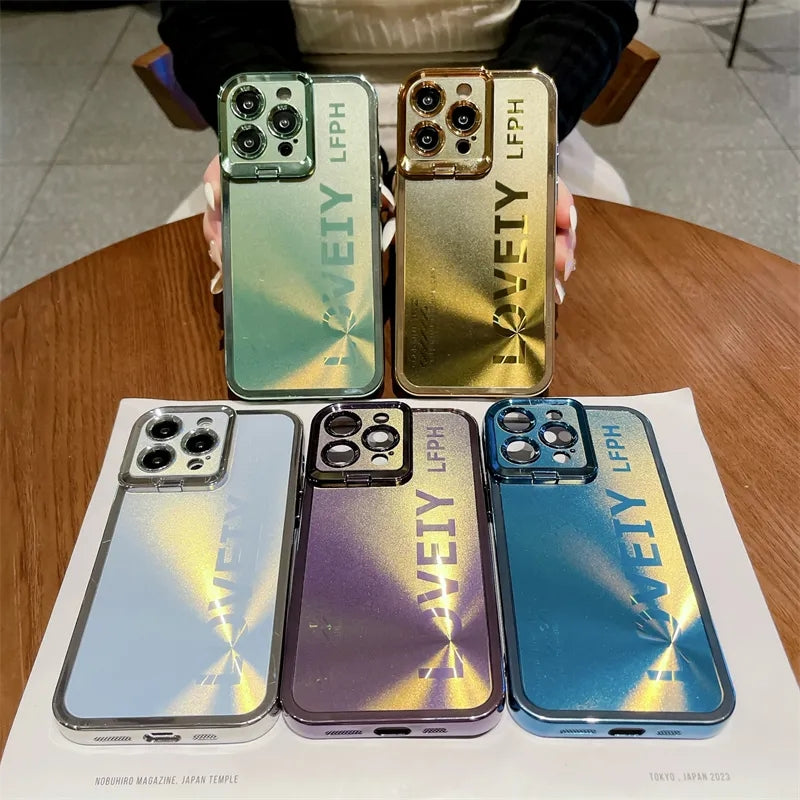 Luxury Laser Aurora Bracket Plating Folding Lens Holder iPhone Case