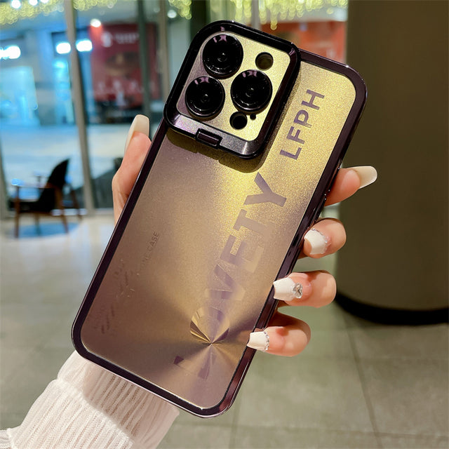 Luxury Laser Aurora Bracket Plating Folding Lens Holder iPhone Case