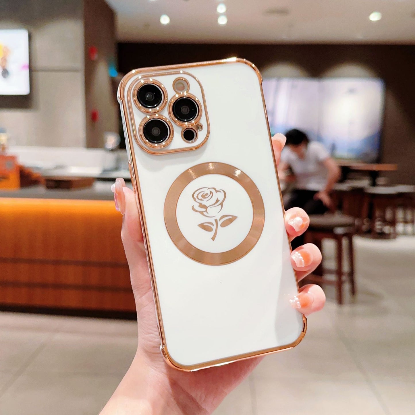 Chrome plating Electroplated Rose Flower Magnetic Case for iPhone Compatible with MagSafe Wireless Charging iPhone Case