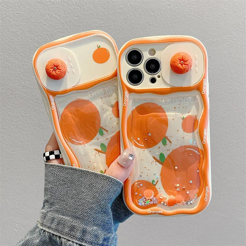 Cute Oranges Push Pull Camera Glitter Quicksand iPhone Case