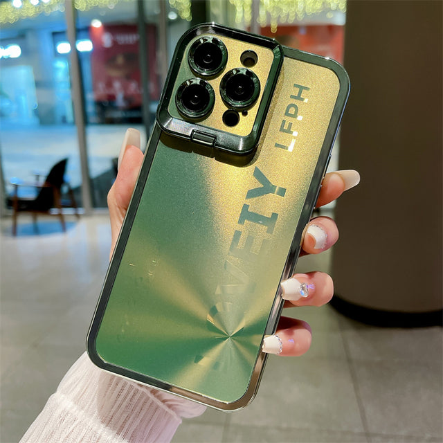 Luxury Laser Aurora Bracket Plating Folding Lens Holder iPhone Case