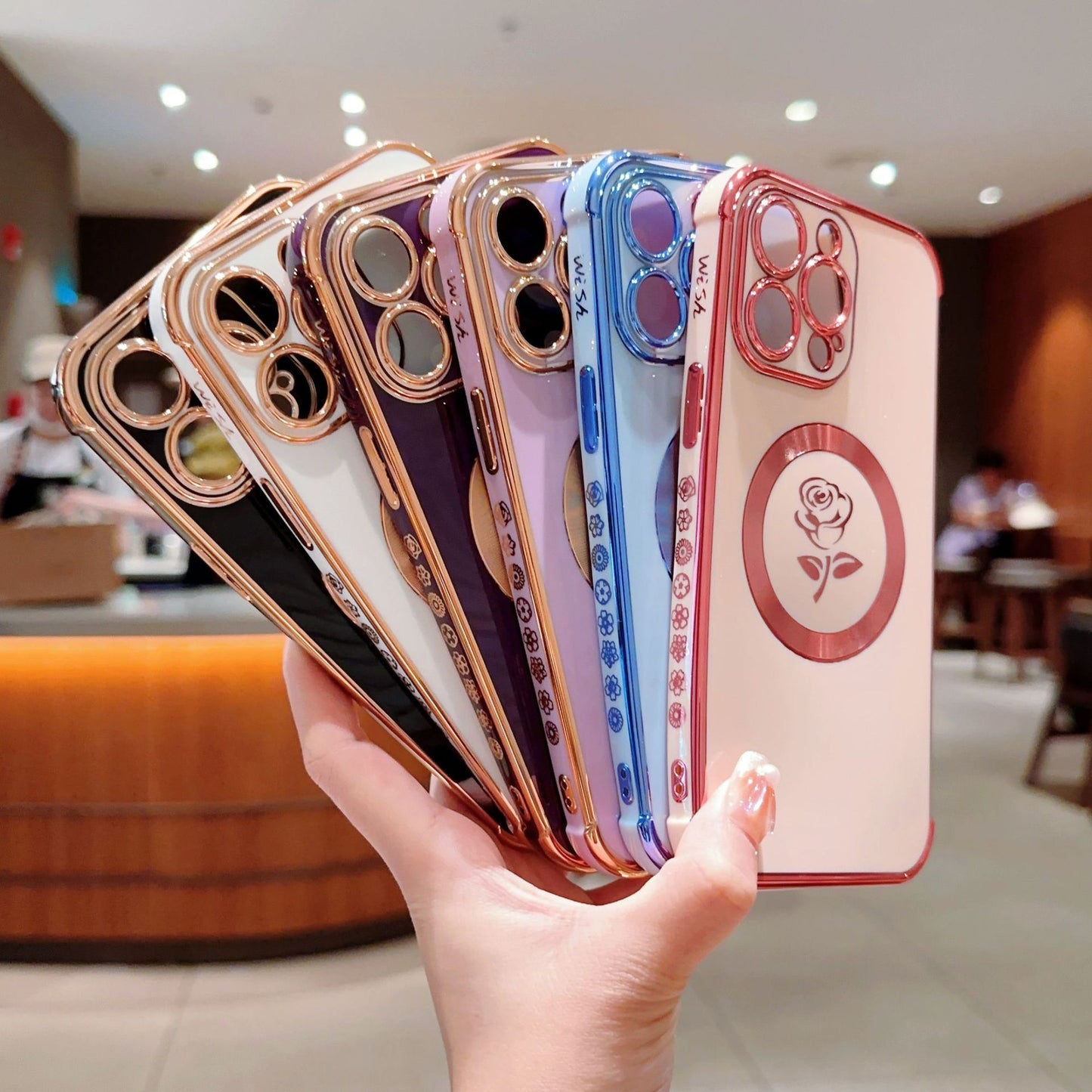 Chrome plating Electroplated Rose Flower Magnetic Case for iPhone Compatible with MagSafe Wireless Charging iPhone Case