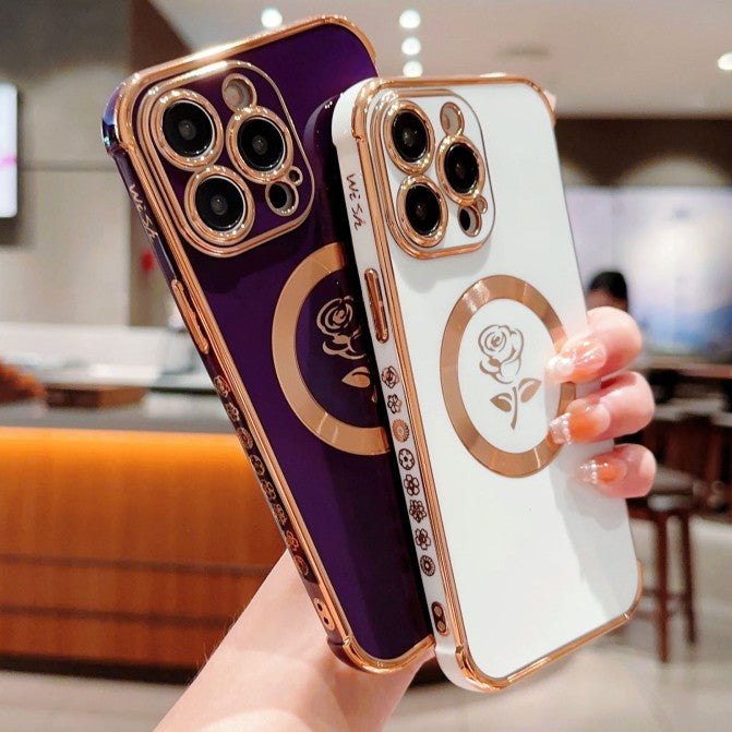 Chrome plating Electroplated Rose Flower Magnetic Case for iPhone Compatible with MagSafe Wireless Charging iPhone Case