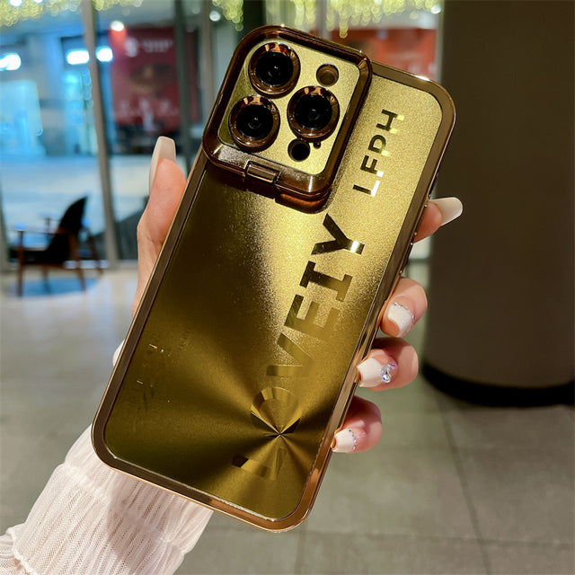 Luxury Laser Aurora Bracket Plating Folding Lens Holder iPhone Case