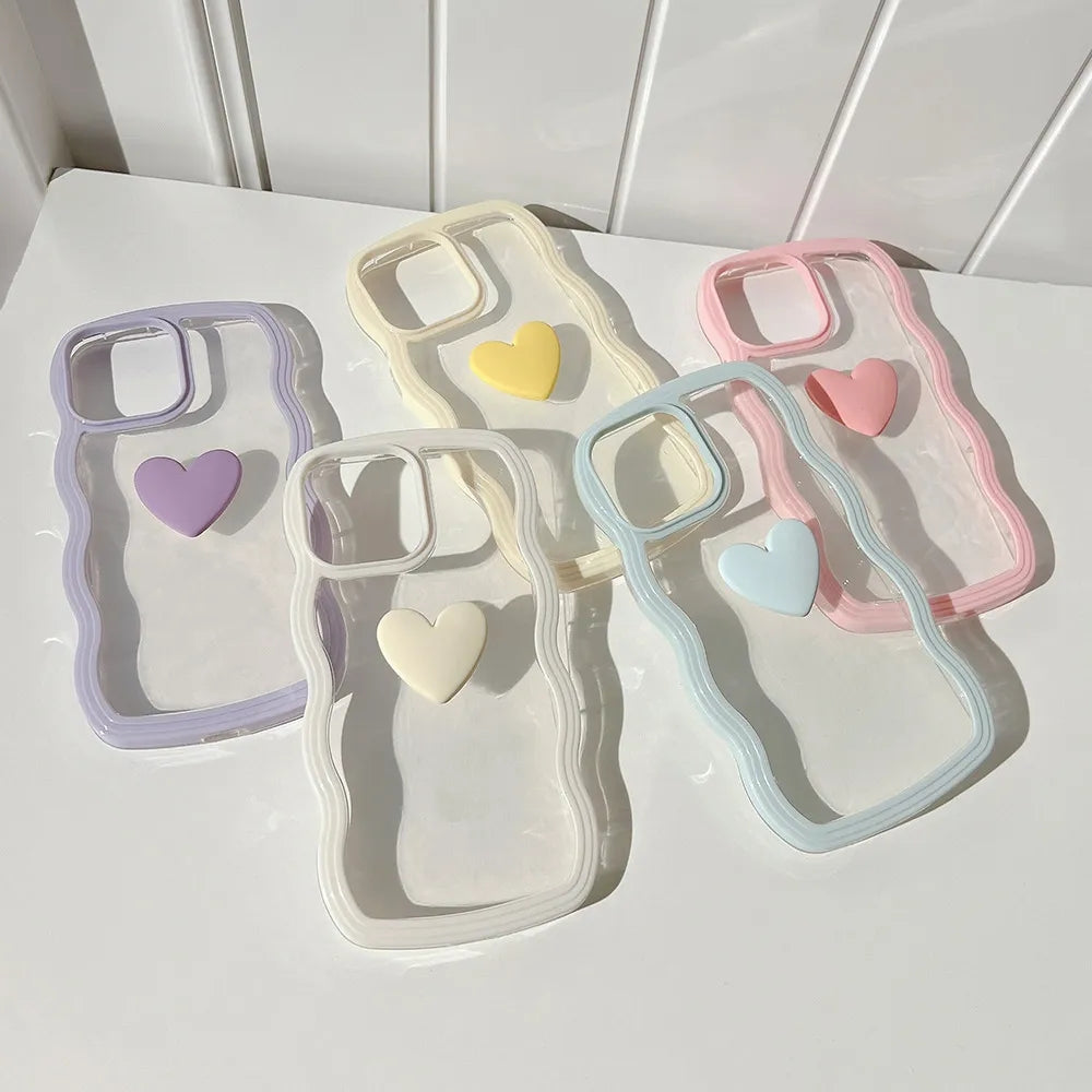 Curly Wavy Frame 3D Love Heart Clear Candy Color iPhone Case