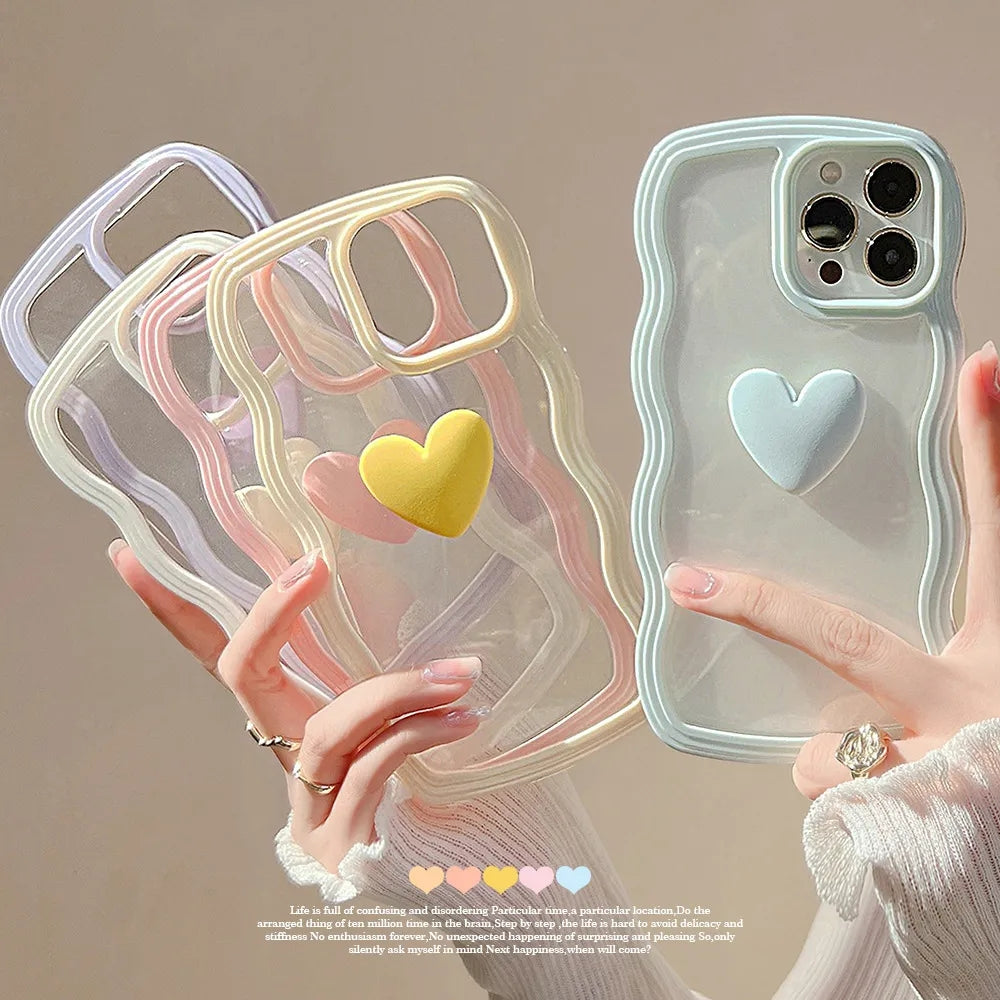 Curly Wavy Frame 3D Love Heart Clear Candy Color iPhone Case