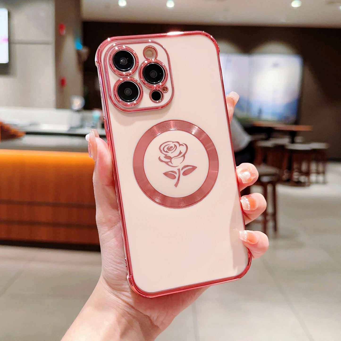 Chrome plating Electroplated Rose Flower Magnetic Case for iPhone Compatible with MagSafe Wireless Charging iPhone Case