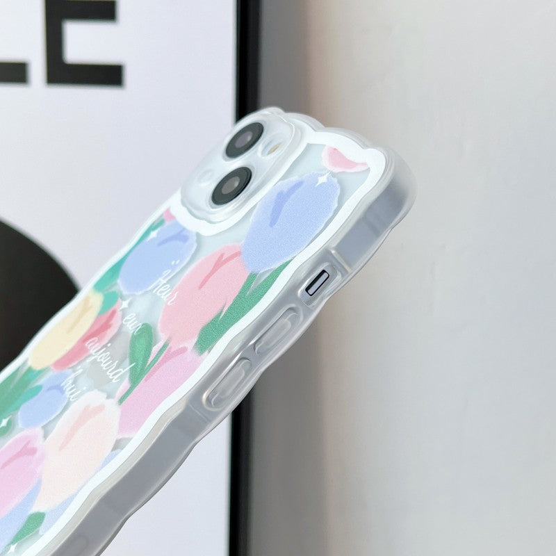 Colored Flowers Floral Wave Frame Silicone Transparent Compatible with iPhone Case
