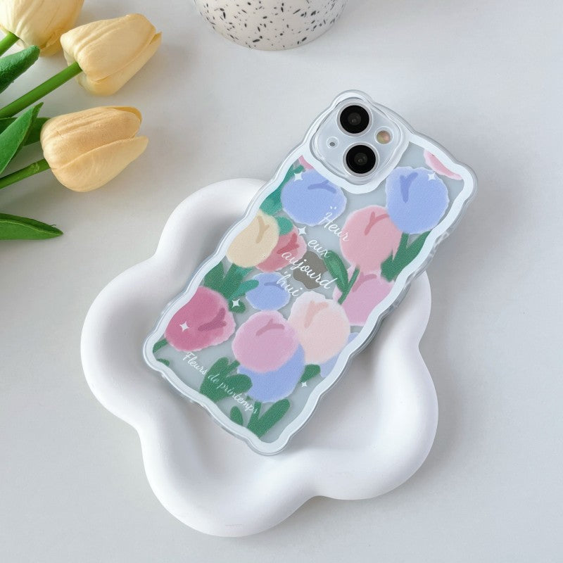 Colored Flowers Floral Wave Frame Silicone Transparent Compatible with iPhone Case