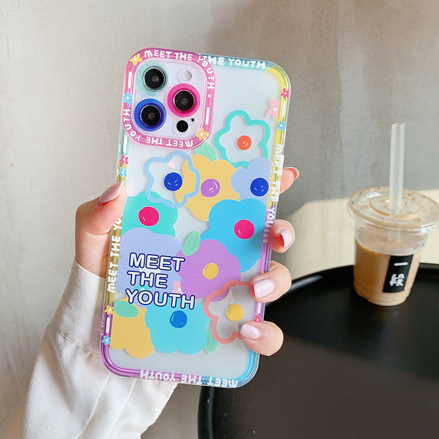 Cute Colorful Flowers Floral Smile Clear Compatible with iPhone Case