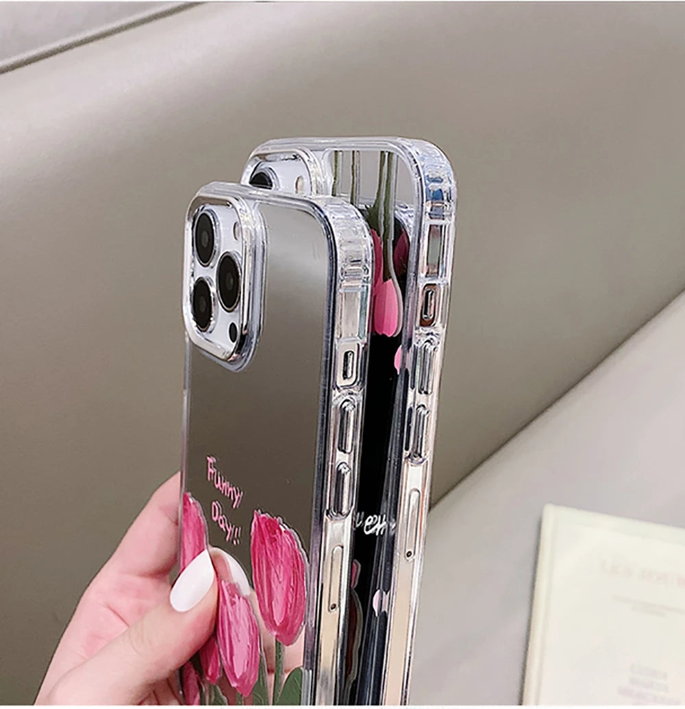 Pink Tulips Flowers Floral Mirror Compatible with iPhone Case