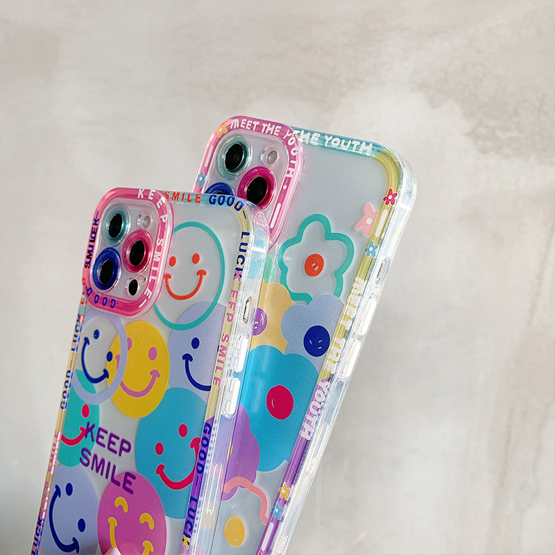 Cute Colorful Flowers Floral Smile Clear Compatible with iPhone Case