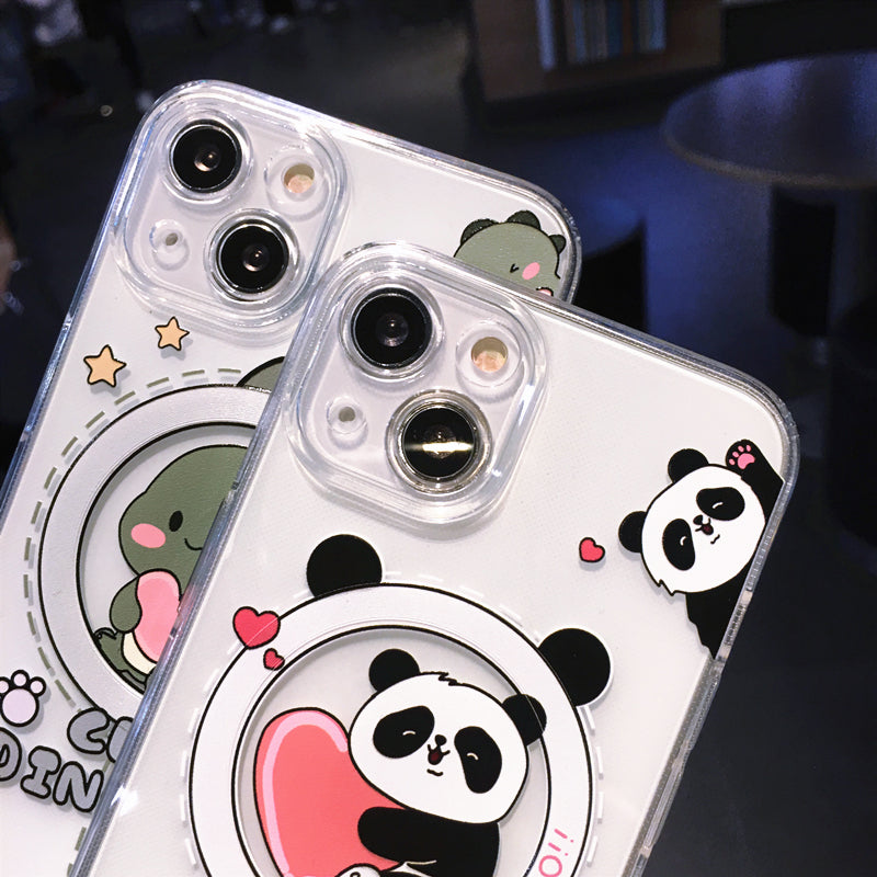 Cute Cartoon Panda Dinosaur for Magnetic Magsafe Wireless Charging Clear Compatible with iPhone Case