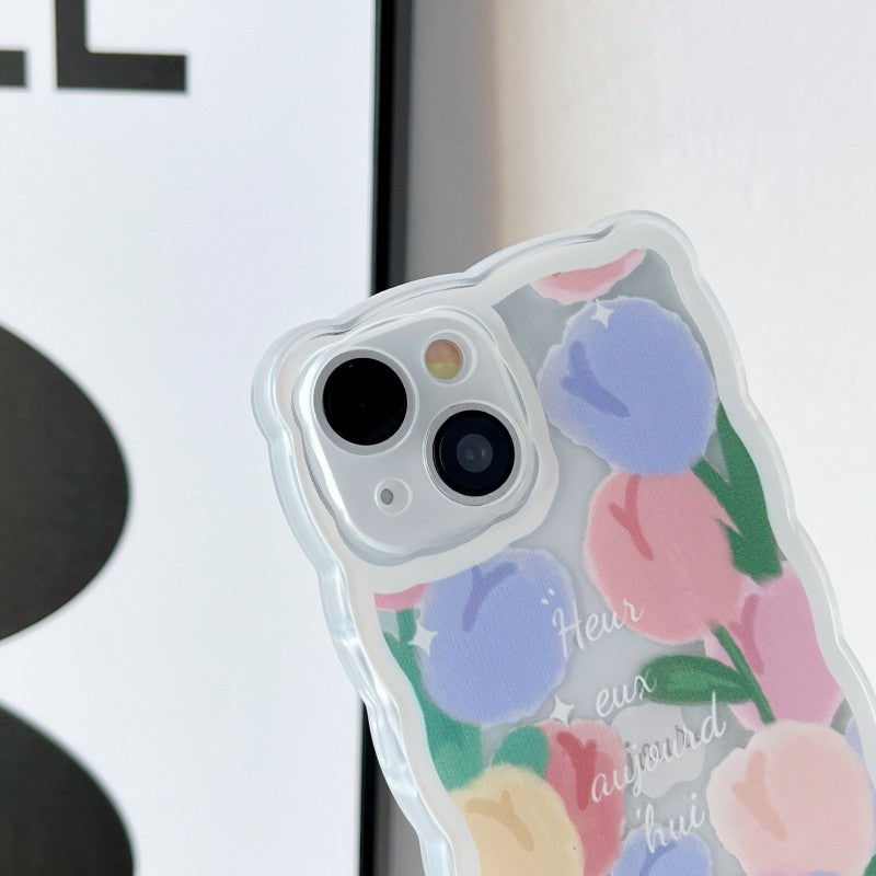 Colored Flowers Floral Wave Frame Silicone Transparent Compatible with iPhone Case