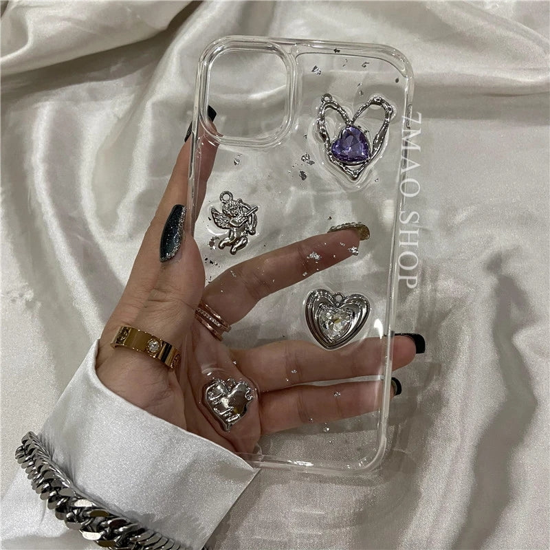Retro Shining Cupid Love Heart Glitter 3D Transparent Soft Compatible with iPhone Case
