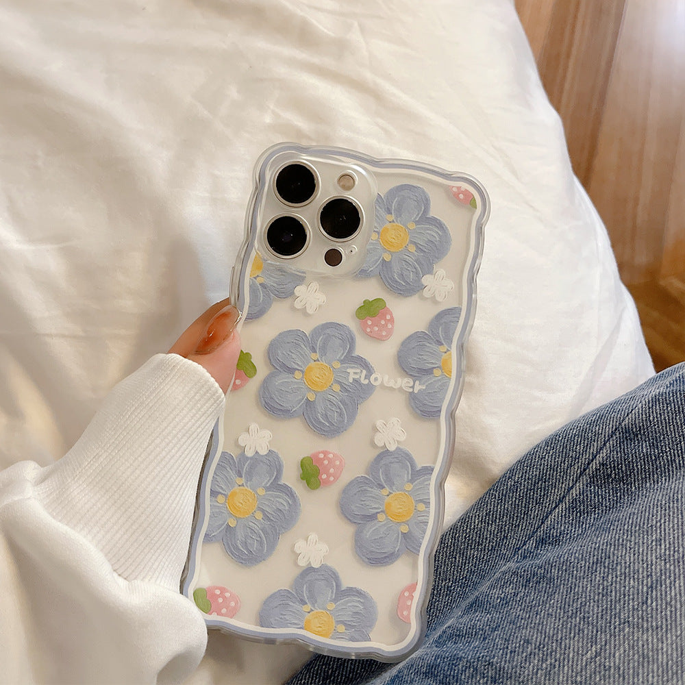 Wave Frame Flower Floral Oil Painting Silicone Shockproof Compatible with iPhone Case