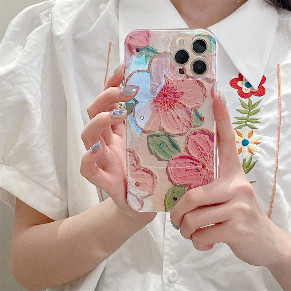 Glitter Diamond Oil Painting Pink Flower Floral Compatible with iPhone Case