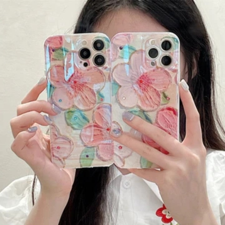 Glitter Diamond Oil Painting Pink Flower Floral Compatible with iPhone Case