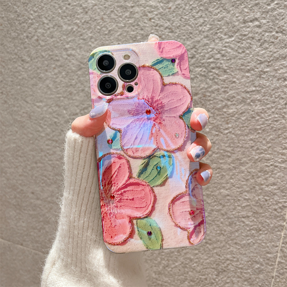 Glitter Diamond Oil Painting Pink Flower Floral Compatible with iPhone Case