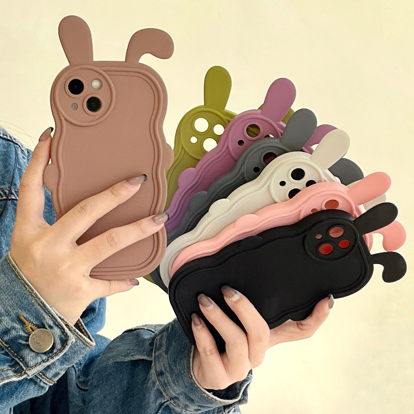 Curly Wavy Frame Cute Rabbit Ears Compatible with iPhone Case