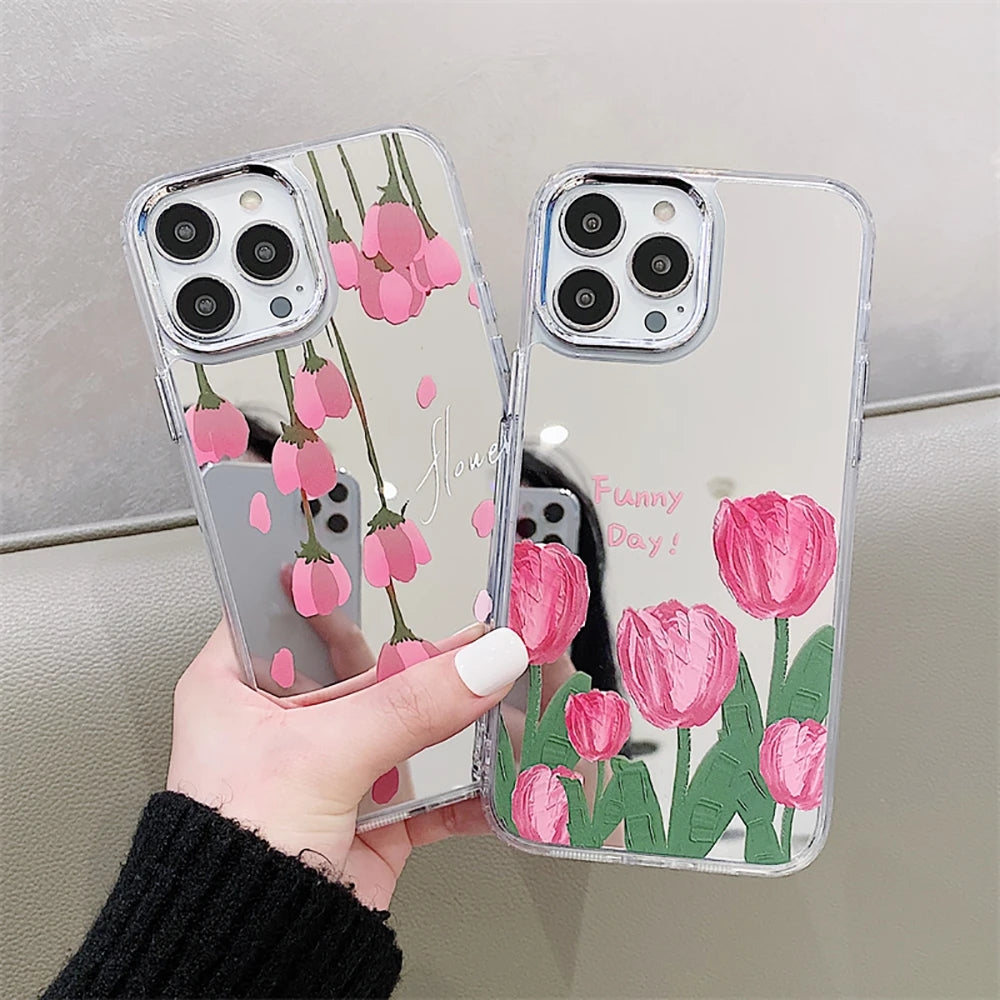 Pink Tulips Flowers Floral Mirror Compatible with iPhone Case