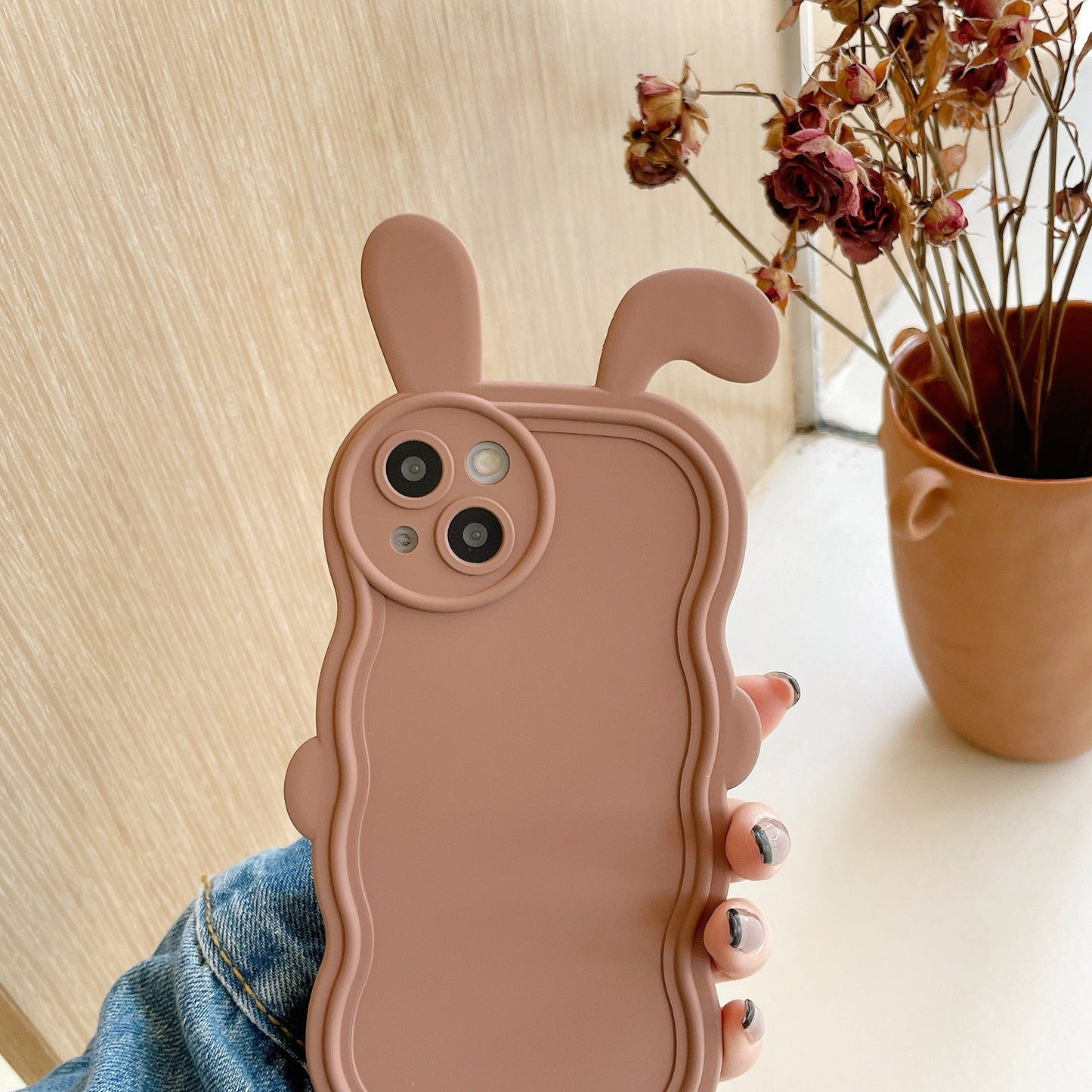 Curly Wavy Frame Cute Rabbit Ears Compatible with iPhone Case