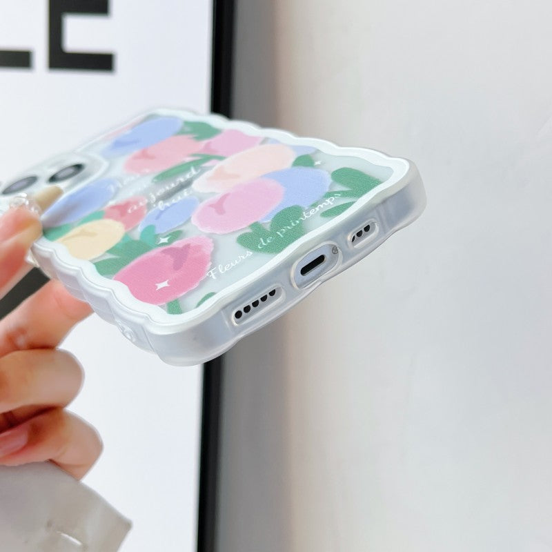 Colored Flowers Floral Wave Frame Silicone Transparent Compatible with iPhone Case