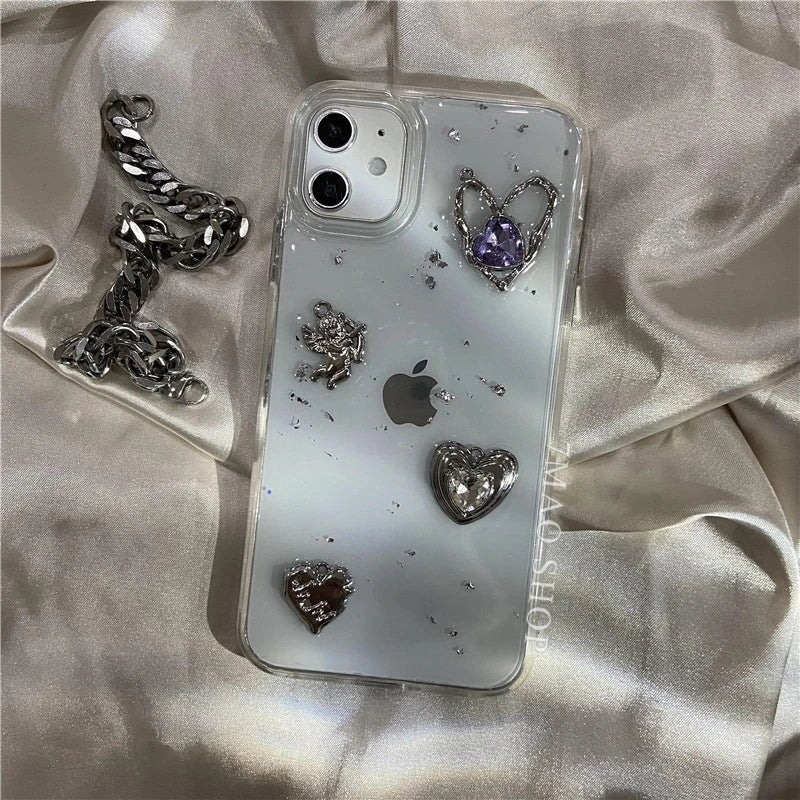 Retro Shining Cupid Love Heart Glitter 3D Transparent Soft Compatible with iPhone Case
