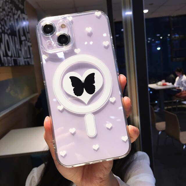 Love Heart Butterfly for Magnetic Magsafe Wireless Charging Transparent Soft Compatible with iPhone Case