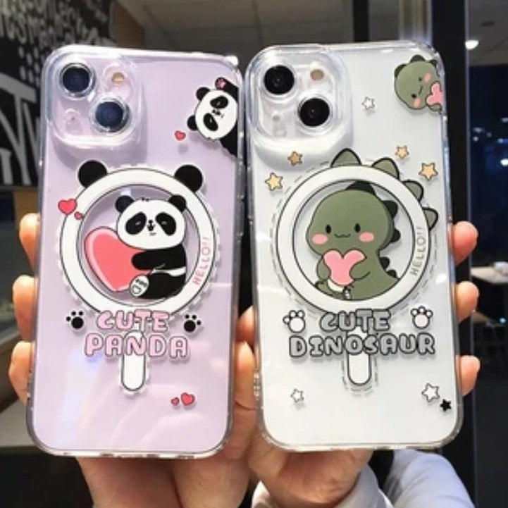 Cute Cartoon Panda Dinosaur for Magnetic Magsafe Wireless Charging Clear Compatible with iPhone Case
