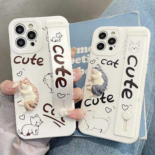 Cute 3D Cat Wrist Strap Bracket iPhone Case