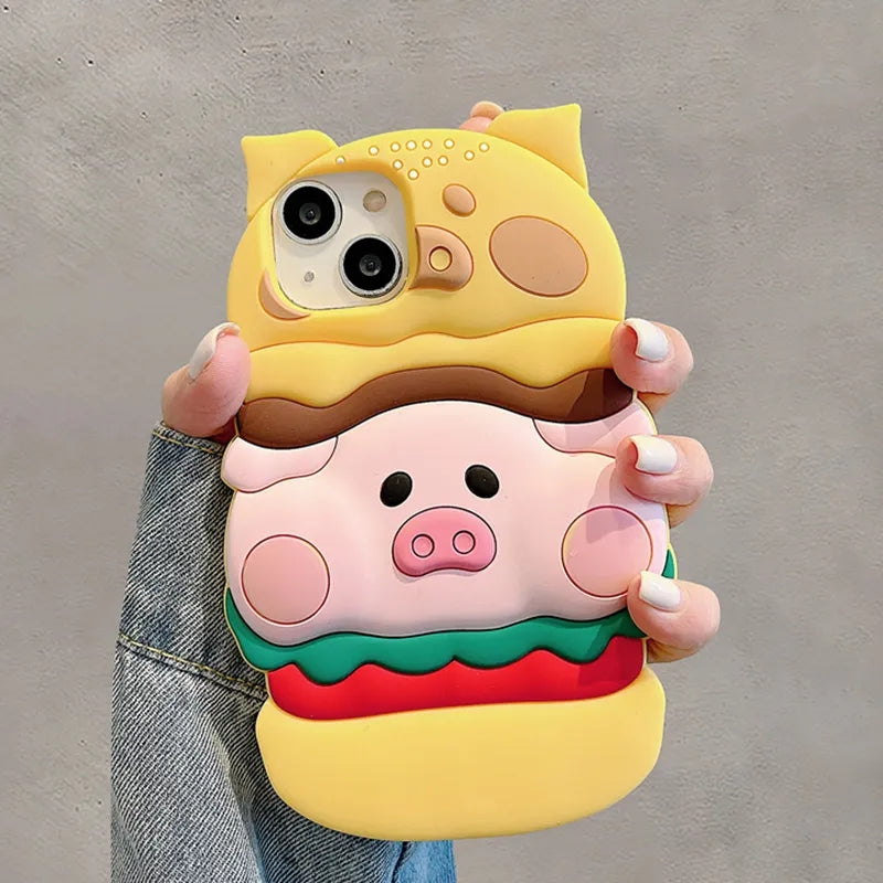 Cute 3D Hamburger Piggy Silicone iPhone Case