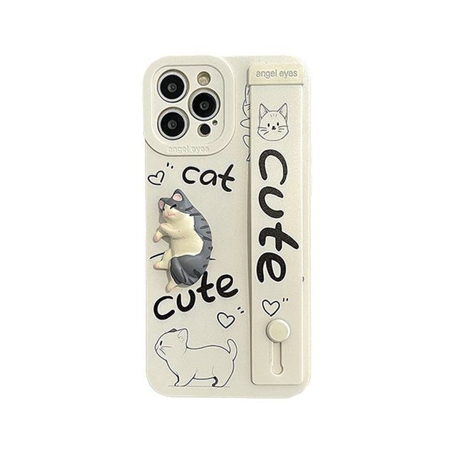 Cute 3D Cat Wrist Strap Bracket iPhone Case