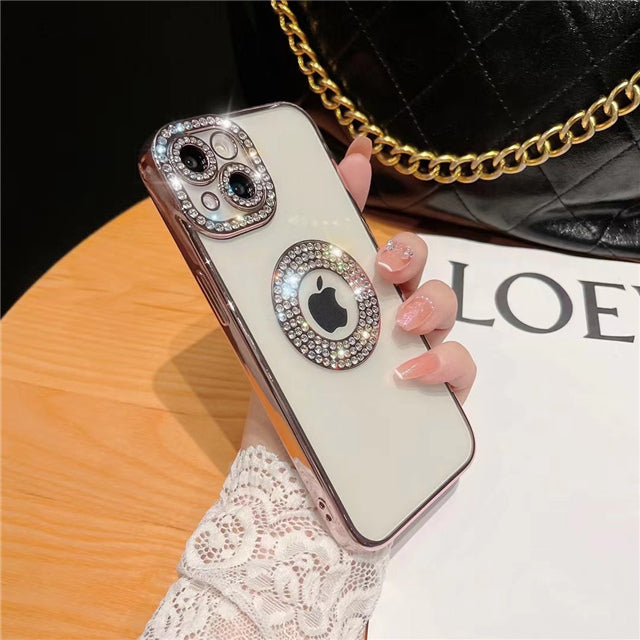 Luxury Plating Flash Diamond Rhinestone Logo View Compatible with iPhone Case