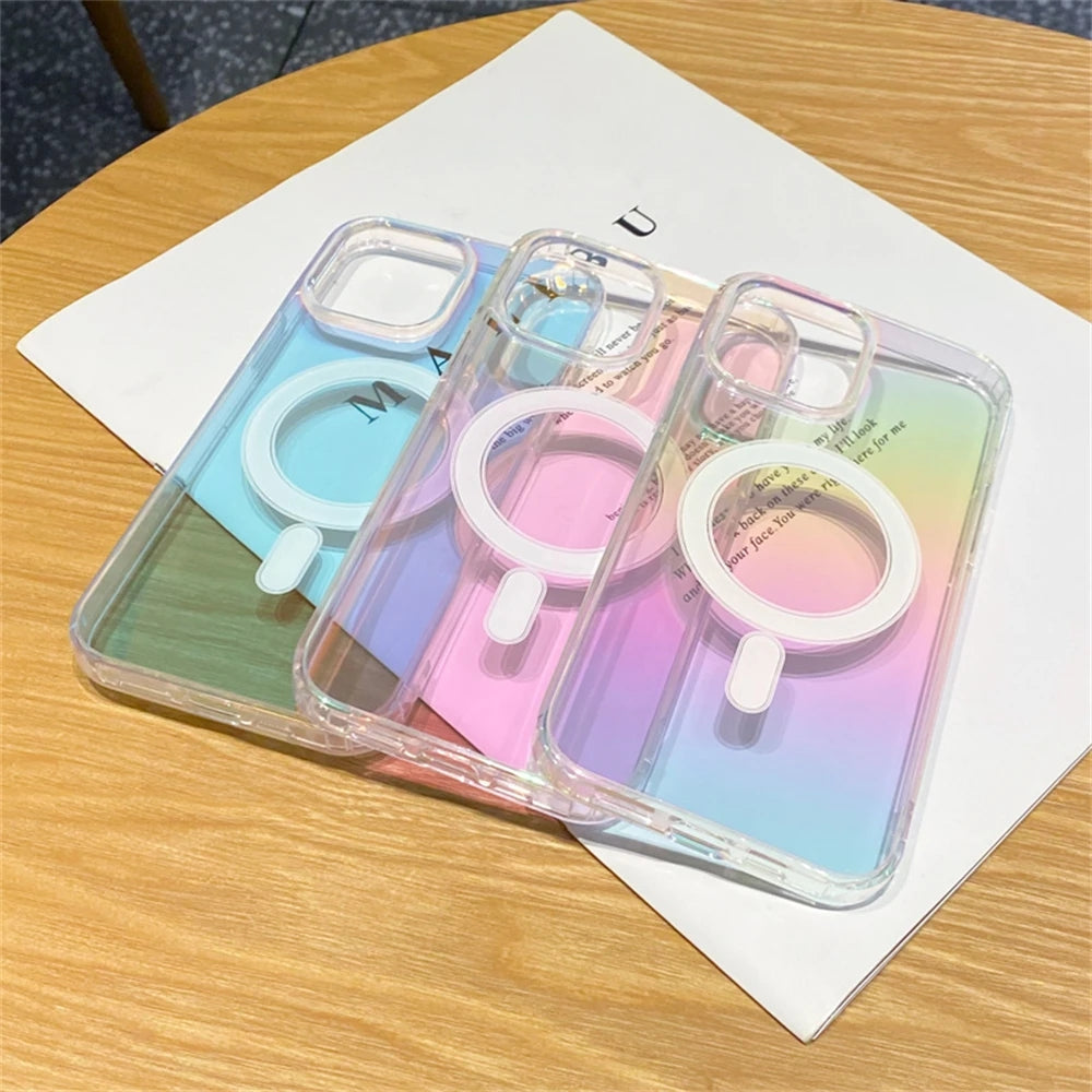 Laser Transparent Gradient Rainbow for Magsafe Magnetic Wireless Charging Compatible with iPhone Case