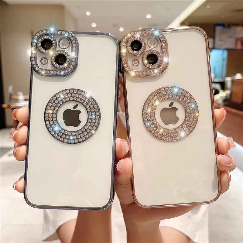 Luxury Plating Flash Diamond Rhinestone Logo View Compatible with iPhone Case