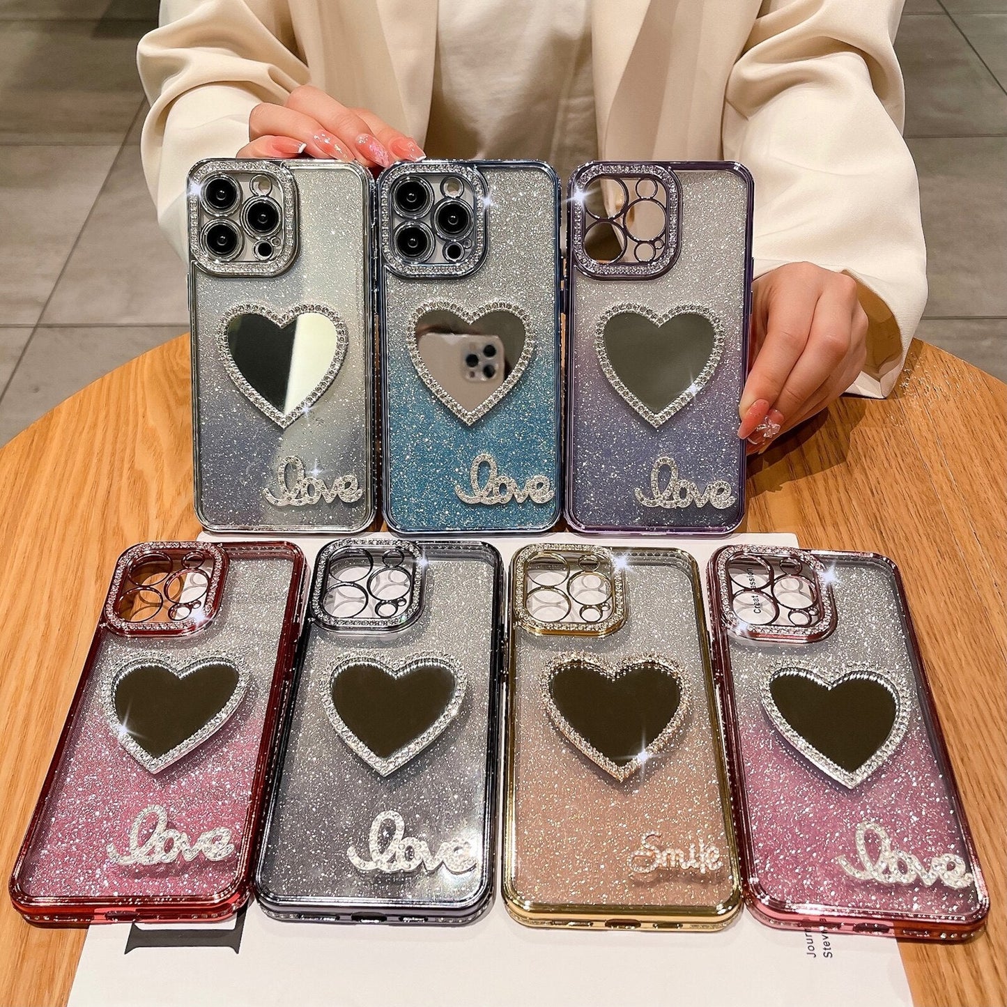 Glitter Love Heart Mirror Diamond Plating Clear Compatible with iPhone Case