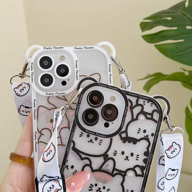 Cute Cartoon Bear with Lanyard Clear Compatible with iPhone Case