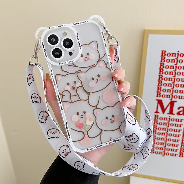 Cute Cartoon Bear with Lanyard Clear Compatible with iPhone Case