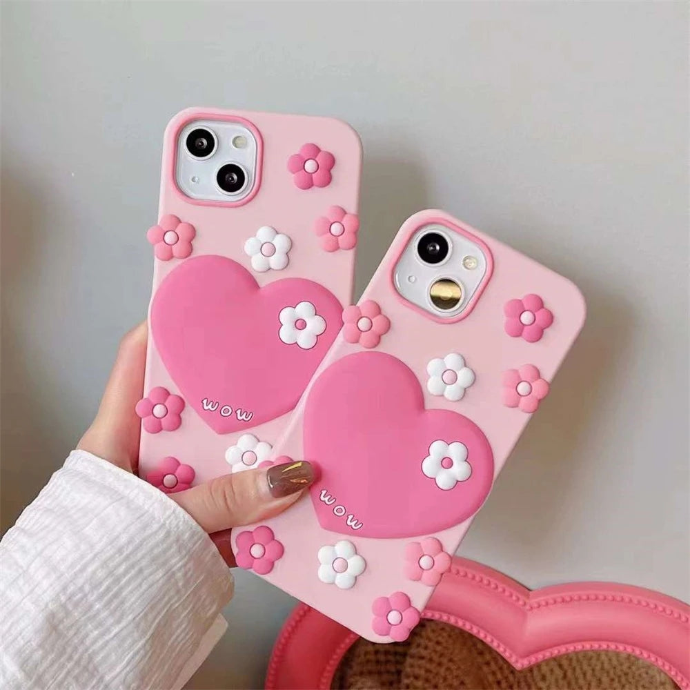 3D Cute Flower Floral Love Heart Compatible with iPhone Case