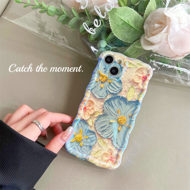 Blue Ray Oil Painting Flower Floral Wave Frame Compatible with iPhone Case