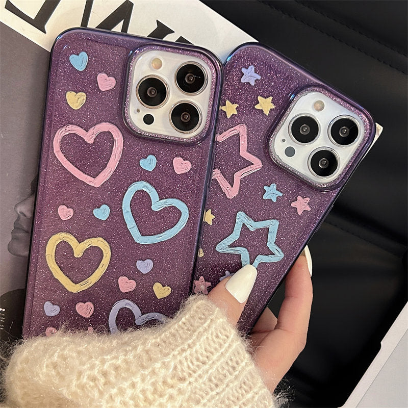 Cute Glitter Star Love Heart Purple Shockproof Silicone Compatible with iPhone Case