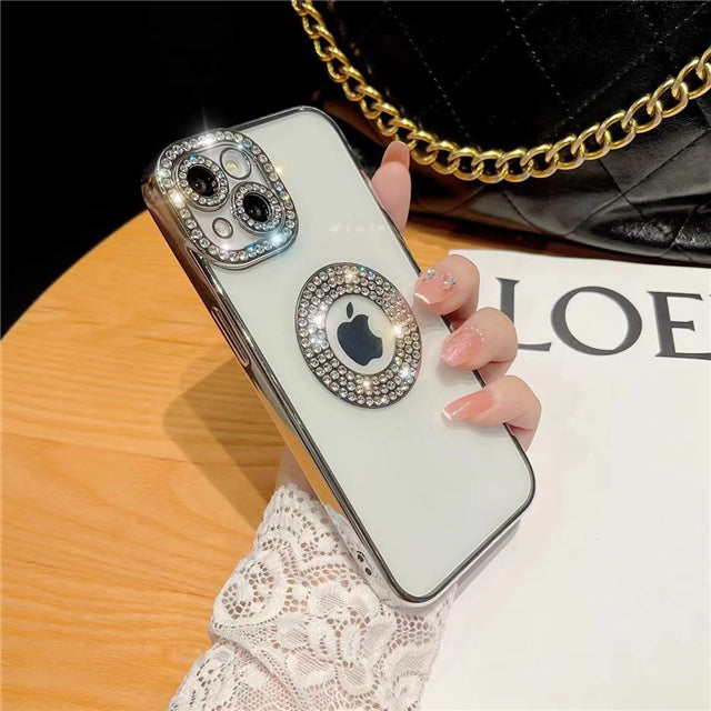 Luxury Plating Flash Diamond Rhinestone Logo View Compatible with iPhone Case