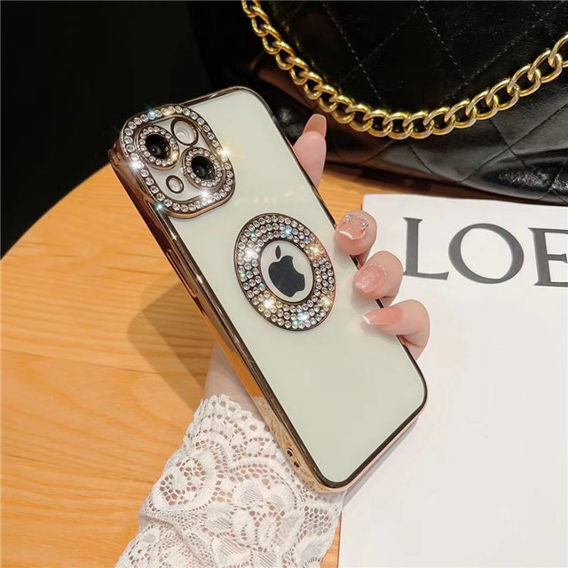 Luxury Plating Flash Diamond Rhinestone Logo View Compatible with iPhone Case