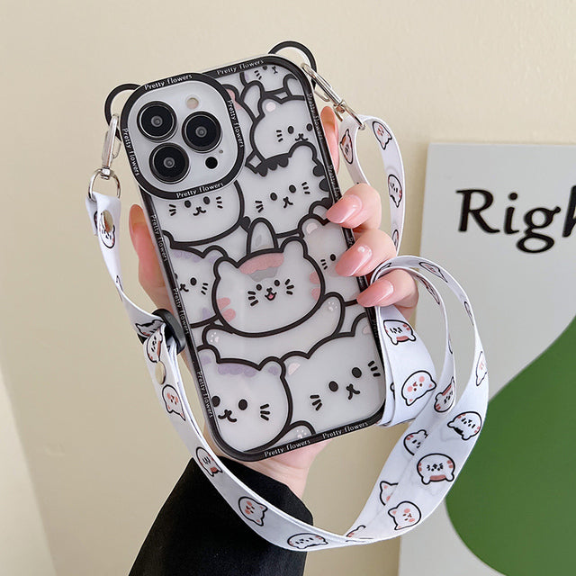 Cute Cartoon Bear with Lanyard Clear Compatible with iPhone Case