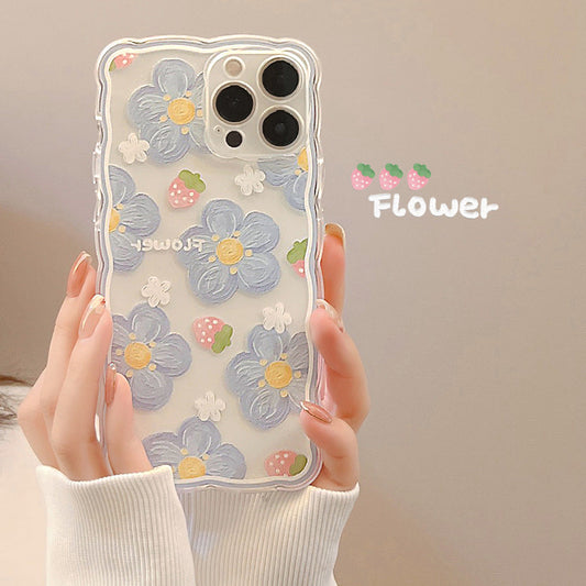 Wave Frame Flower Floral Oil Painting Silicone Shockproof Compatible with iPhone Case