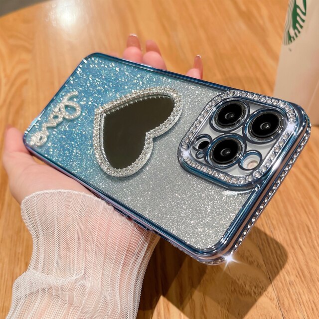 Glitter Love Heart Mirror Diamond Plating Clear Compatible with iPhone Case