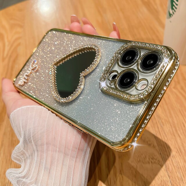 Glitter Love Heart Mirror Diamond Plating Clear Compatible with iPhone Case